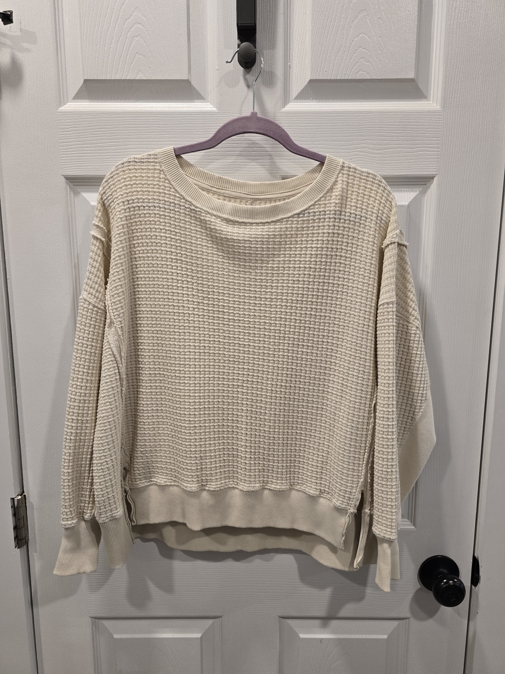 American Eagle Outfitters Cream Waffle-Knit Crewneck Pullover